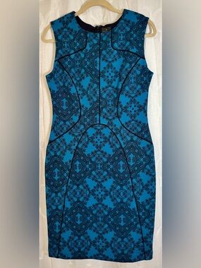 Worthington Teal & Black Lace Print Sheath Dress | Career Chic | Size Medium